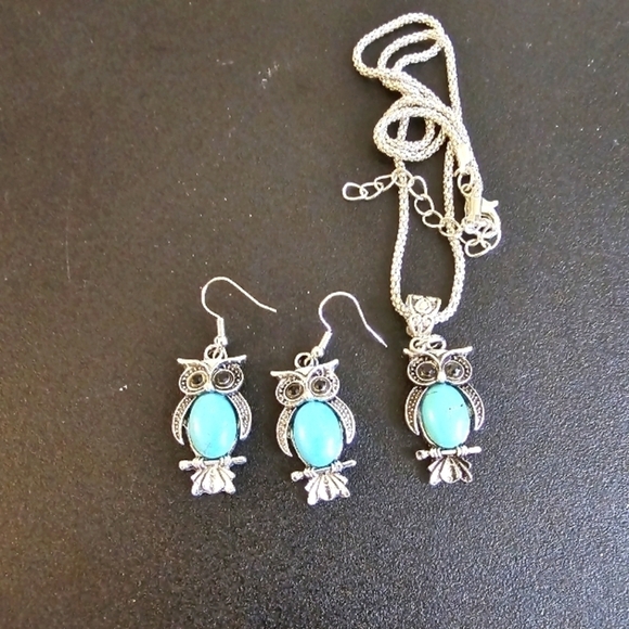 Tourquise-like Owl Earrings and Necklace Set - Picture 1 of 6